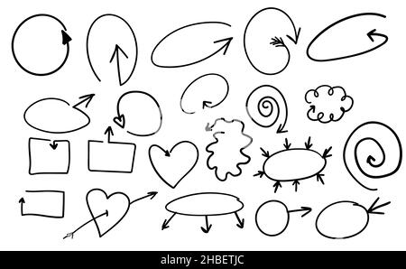 set of arrows of different shapes and styles in the technique of doodles drawn. Vector collection of arrow pointers: bubble, heart, dotted, striped Stock Vector