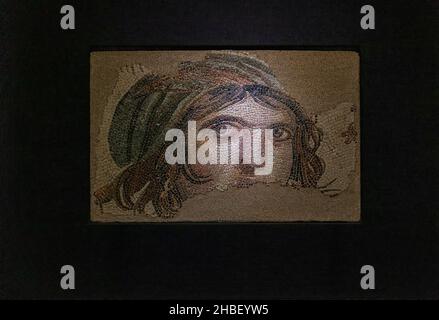 Gypsy girl mosaic in the Zeugma museum in Gaziantep, Turkey. The Museum is one of the largest mosaic collection in the world. The ancient city of Zeug Stock Photo