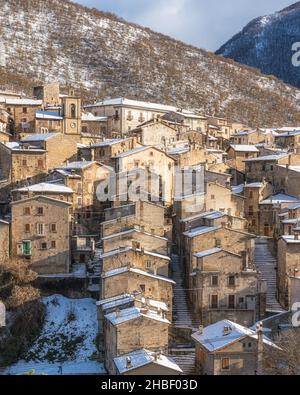The beautiful Scanno covered in snow during winter season. Abruzzo, central Italy. Stock Photo
