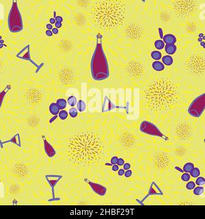 grapes, red wine, and fireworks vector pattern Stock Vector