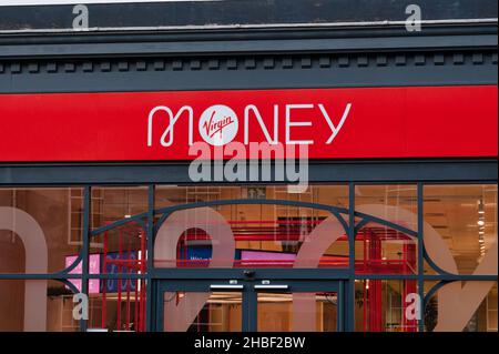 Edinburgh, Scotland- Nov 21, 2021:  The sign for Virgin Money bank  in Edinburgh. Stock Photo