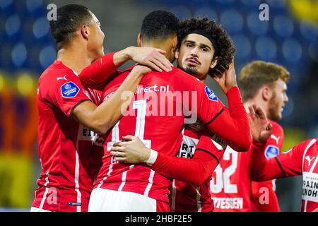 Waalwijk, Netherlands. 19th Dec, 2021. WAALWIJK, NETHERLANDS - DECEMBER 19: Cody Gakpo of PSV celebrates after scoring his sides second goal with Andre Ramalho of PSV and Carlos Vinicius of PSV during the Dutch Eredivisie match between RKC Waalwijk and PSV at Mandemakers Stadion on December 19, 2021 in Waalwijk, Netherlands (Photo by Joris Verwijst/Orange Pictures) Credit: Orange Pics BV/Alamy Live News Stock Photo