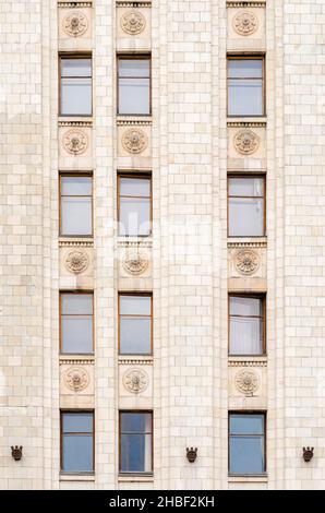 Rows of windows on neoclassicist building. Stalinist architecture-Moscow State University building, Russia Stock Photo