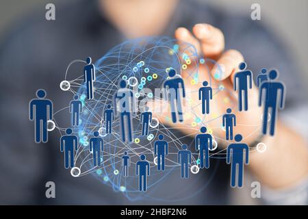An abstract shot of male hands displaying contact icons connecting, networking in digital cyberspace Stock Photo