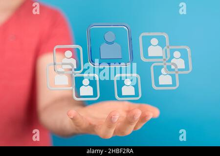 An abstract shot of female hands displaying contact icons connecting, networking in digital cyberspace Stock Photo