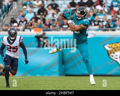 Jacksonville, FL, USA. 19th Dec, 2021. Jacksonville Jaguars tight end James OÕShaughnessey (80) catches the ball during 1st half NFL football game between the Houston Texans and the Jacksonville Jaguars at TIAA Bank Field in Jacksonville, Fl. Romeo T Guzman/CSM/Alamy Live News Stock Photo
