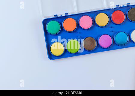 Watercolour paints palette box over white isolated Stock Photo