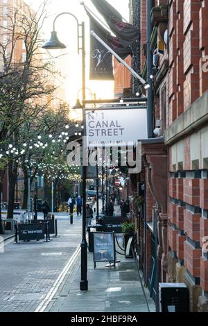 Canal Street in Manchester's 'gay village', England, UK. Sign for 'no 1 Canal Street' restaurant visible Stock Photo