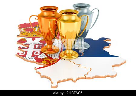 Trophy Cups on Serbian map. Sport Tournaments in Serbia, concept. 3D rendering isolated on white background Stock Photo