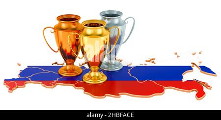 Trophy Cups on Russian map. Sport Tournaments in Russia, concept. 3D rendering isolated on white background Stock Photo