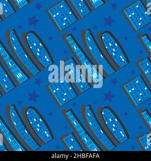 Pattern, endless ribbon on a square background - a stylized night city - graphics. Megalopolis, modern architecture. Design elements - Decoration of c Stock Vector