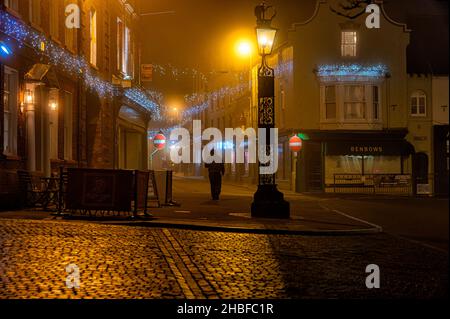 Misty December evening in the Market Square of Fakenham, Norfolk. Stock Photo