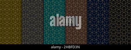 Set of geometric pattern polygonal shape. Luxury with golden lines on dark color background Stock Vector