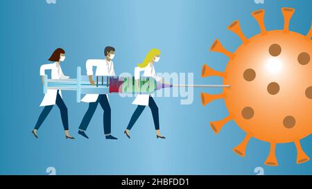 Health care people put vaccine syringe in big Corona virus. Vector illustration. EPS10. Dimension 16:9 Stock Vector