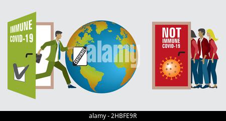 Man with certificate immunity getting out in the world. Others have to wait. Vector illustration. EPS10. Stock Vector