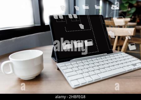 Businessman manage files documentation working modern computer Document Management System  transfer file Stock Photo