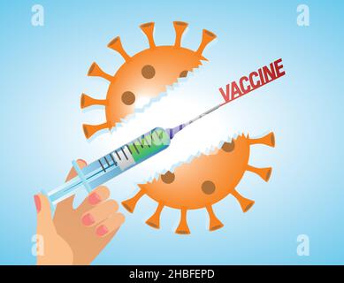 Breaking through with vaccination. Hand with syringe breaking through Big Coronavirus. Vector illustration. EPS10. Stock Vector