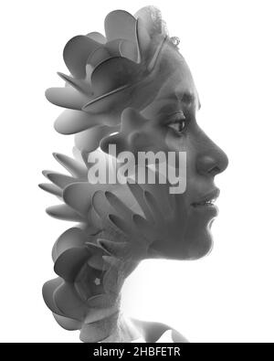 A portrait of a woman combined with 3d flowers in a double exposure technique. Stock Photo