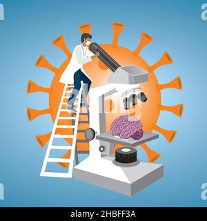 Scientist analyzing effects of corona virus on brain. Vector illustration. EPS10. Stock Vector