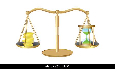 Golden scale with money and hour glass. Vector illustration. EPS10. Stock Vector