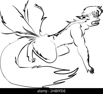 Illustrative Concept of a Werefox with several tail, No Color Stock Photo
