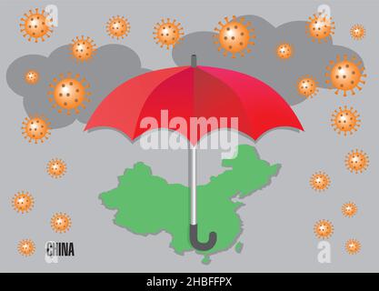 Coronavirus rain over China. Umbrella tries to protect from crisis and sorrows Vector illustration. EPS10. Stock Vector