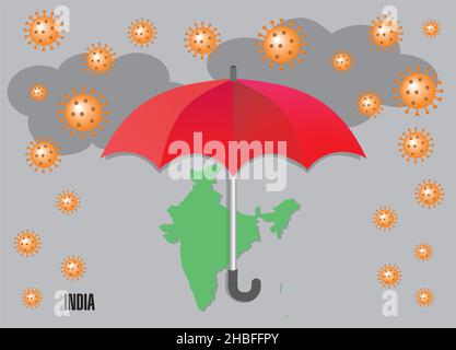 Coronarain over India. Umbrella tries to safe from crisis and sorrows Vector illustration. Stock Vector