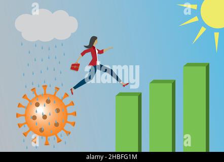 Woman jumping from Corona virus crisis. Vector illustration. EPS10. Stock Vector