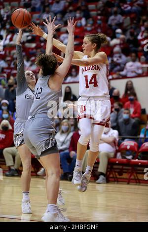 BLOOMINGTON, UNITED STATES - 2021/12/19: Indiana Hoosiers guard Ali Patberg (14) passes against Western Michigan University during an NCAA women's basketball game on December 19, 2021 at Assembly Hall in Bloomington, Ind. IU beat Western Michigan 67-57. Stock Photo