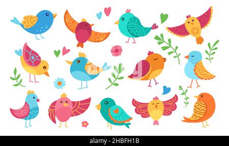 Bird with different ornaments cartoon set. Colorful comic birds, different poses, flying. Modern trendy happy character. Hand drawn flat abstract fun sparrow. Drawing vector illustration Stock Vector