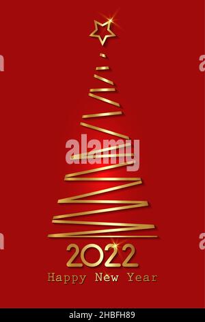 Gold stylized Christmas tree, 2022 New Year, golden luxury logo icon festive, vector isolated on red background Stock Vector