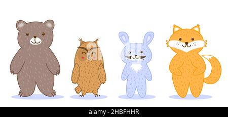 Forest animals set. Bear, fox, owl, hare, bunny, rabbit. Christmas characters with New Year design elements of clothing. Fluffy fur cartoon friends characters for greeting cards and household products Stock Vector