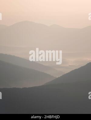 Hazy morning views across West Virginia viewed from up on the Allegheny Front in the Dolly Sods Wilderness. Stock Photo