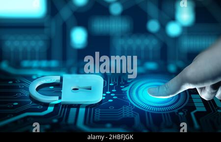 Fingerprint identification access Data protection Cyber Security Privacy. Information or Network protection with firewall. Stock Photo