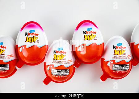 May 4, 2021. New York. Kinder joy chocolate eggs with toy surprise inside. Stock Photo