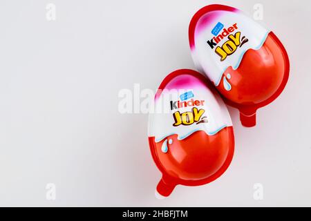 May 4, 2021. New York. Kinder joy chocolate egg with toy surprise inside. Stock Photo
