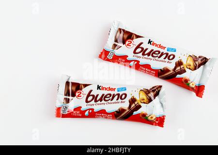 May 4, 2021. New York. Kinder Bueno crispy milk chocolate bars. Stock Photo
