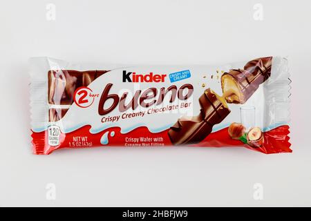 May 4, 2021. New York. Kinder bueno wafer chocolate bar on white background. Stock Photo