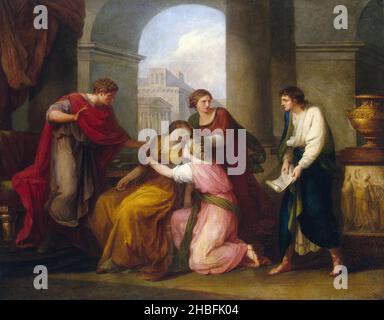 Virgil reading the Aeneid to the Roman Emperor Augustus, his wife Livia and his sister Octavia. The poet mentions Olivia's dead son Maercellus, causing Augustus to stop the recital as Olivia faints from shock. Painting by Angelica Kaufmann. Stock Photo