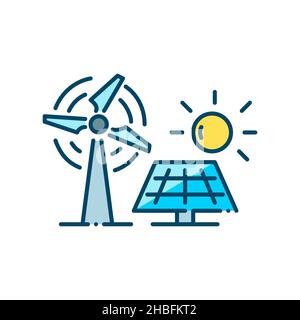 Alternative energy sources. Windmill and solar panel. Sustainable renewable power. Pixel perfect, editable stroke colorful icon Stock Vector
