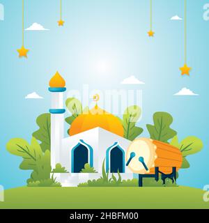 Ramadan Kareem mosque with scenery Landscape, islamic flat cartoon illustration Stock Vector