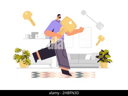 man holding big key buying or renting new apartment house or car vehicle sale real estate rent concept Stock Vector