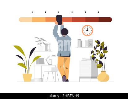 businessman reducing stress level business man struggling with arrow of crisis measure office interior Stock Vector