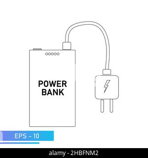 The power bank is charged from the power supply from the electrical network. The illustration is line. Vector illustration. Stock Vector
