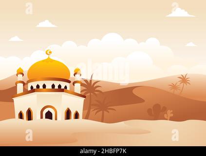 Mosque on desert islamic illustration, eid mubarak background with flat style Stock Vector