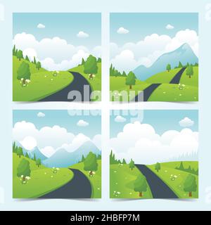 Beautiful nature landscape with countryside road, Summer landscape collections with flat style Stock Vector