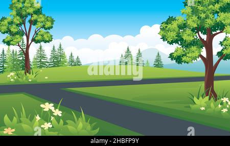 Nature landscape with Crossroads, Summer landscape with mountains, meadows, and fields. Stock Vector