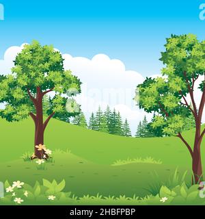 Beautiful nature landscape with lake, Cartoon countryside landscape with mountains, meadows, and fields. Stock Vector