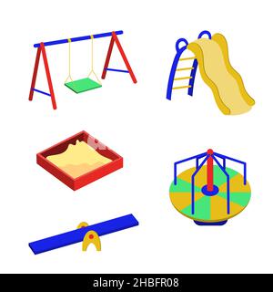 A set of equipment for a park playground for children's games. Slide, swing, carousel, sandbox. Vector isolated on a white background Stock Vector
