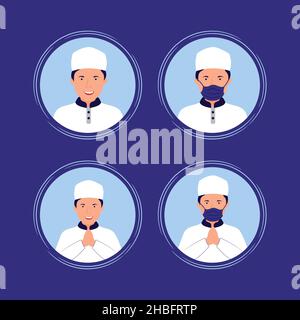 Muslim man wearing masker to avoid covid-19 virus. islamic Life and healthy vector illustration. Stock Vector